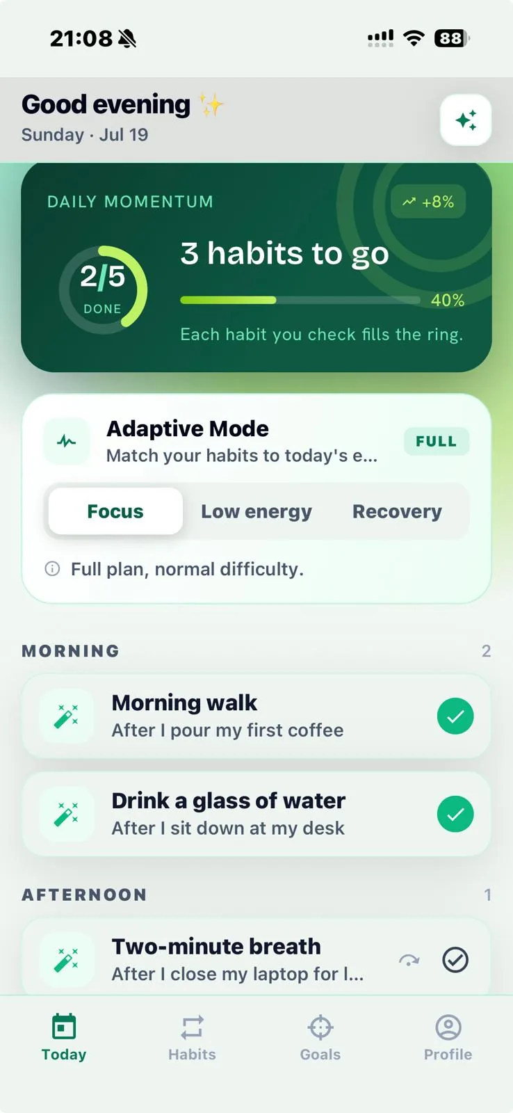 Today View: Daily habit list sorted by morning, afternoon, evening, with check-in buttons and progress summary