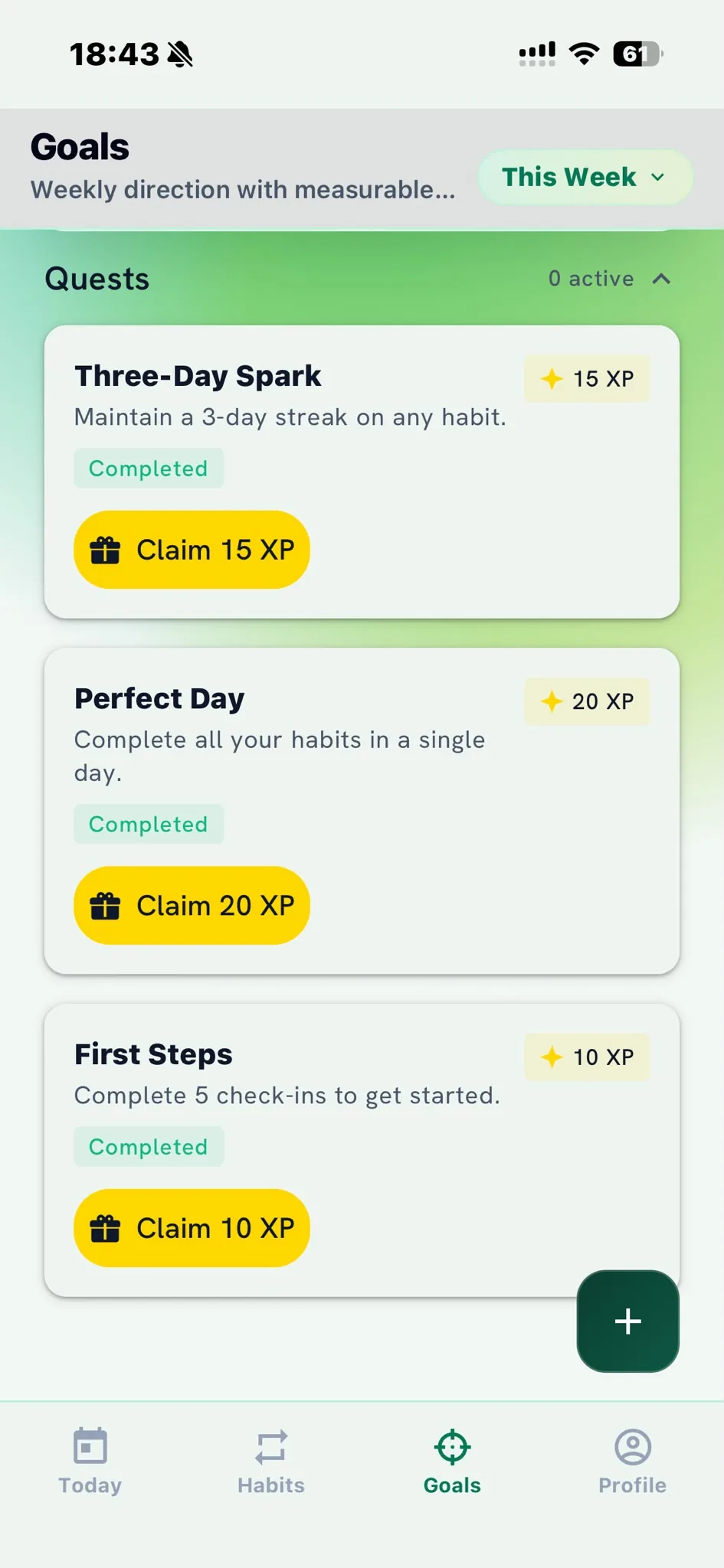 Quest cards with narrative titles, XP rewards, and claim buttons for completed quests