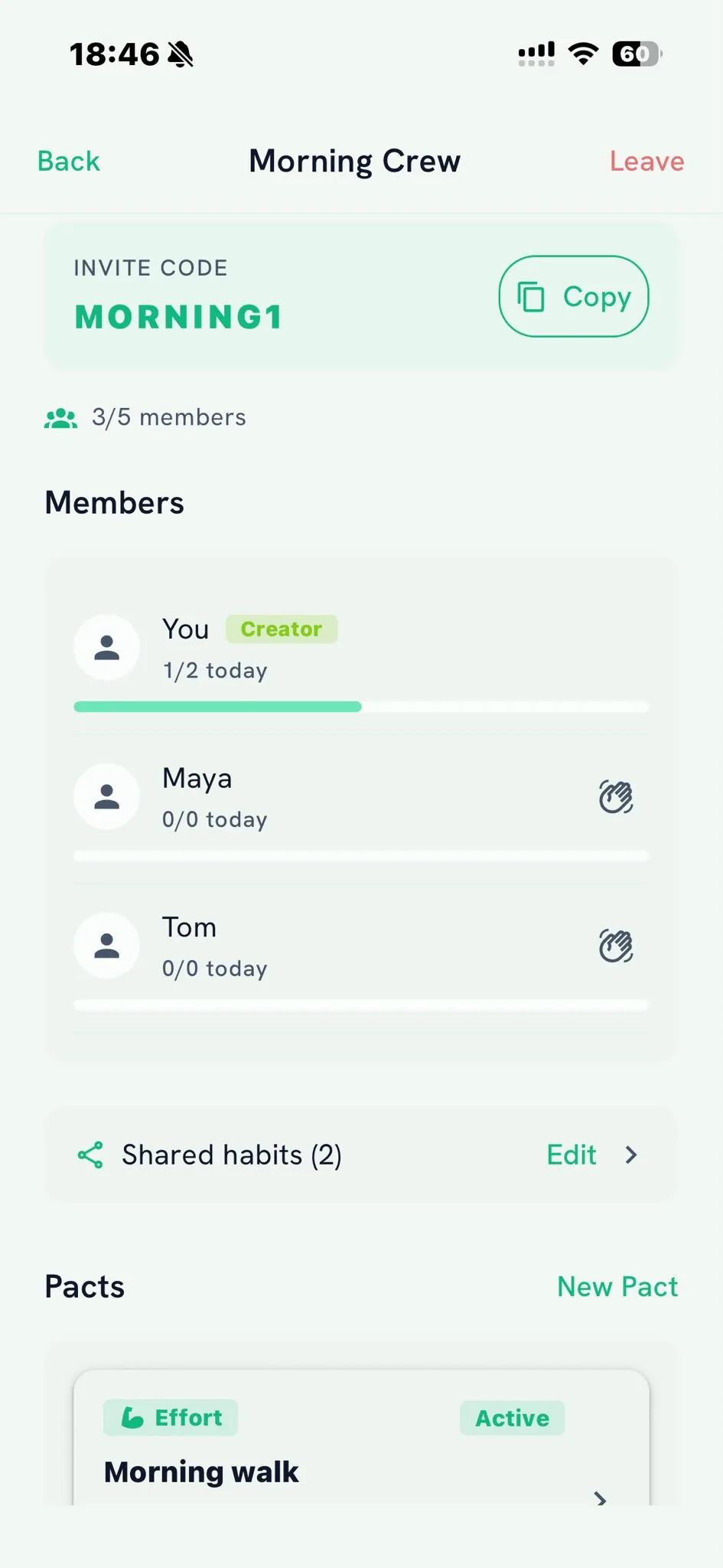 Accountability pod view showing 3 members with anonymized completion bars and High Five button
