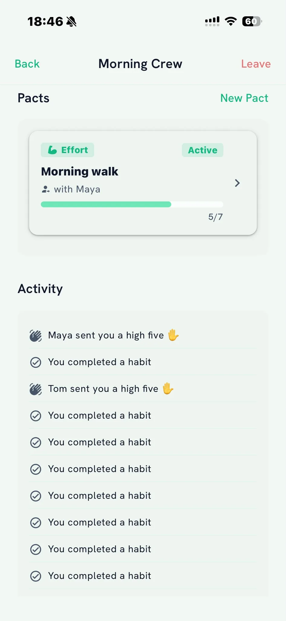 Social pact screen showing an Effort Pact between two users with weekly commitment and partner status