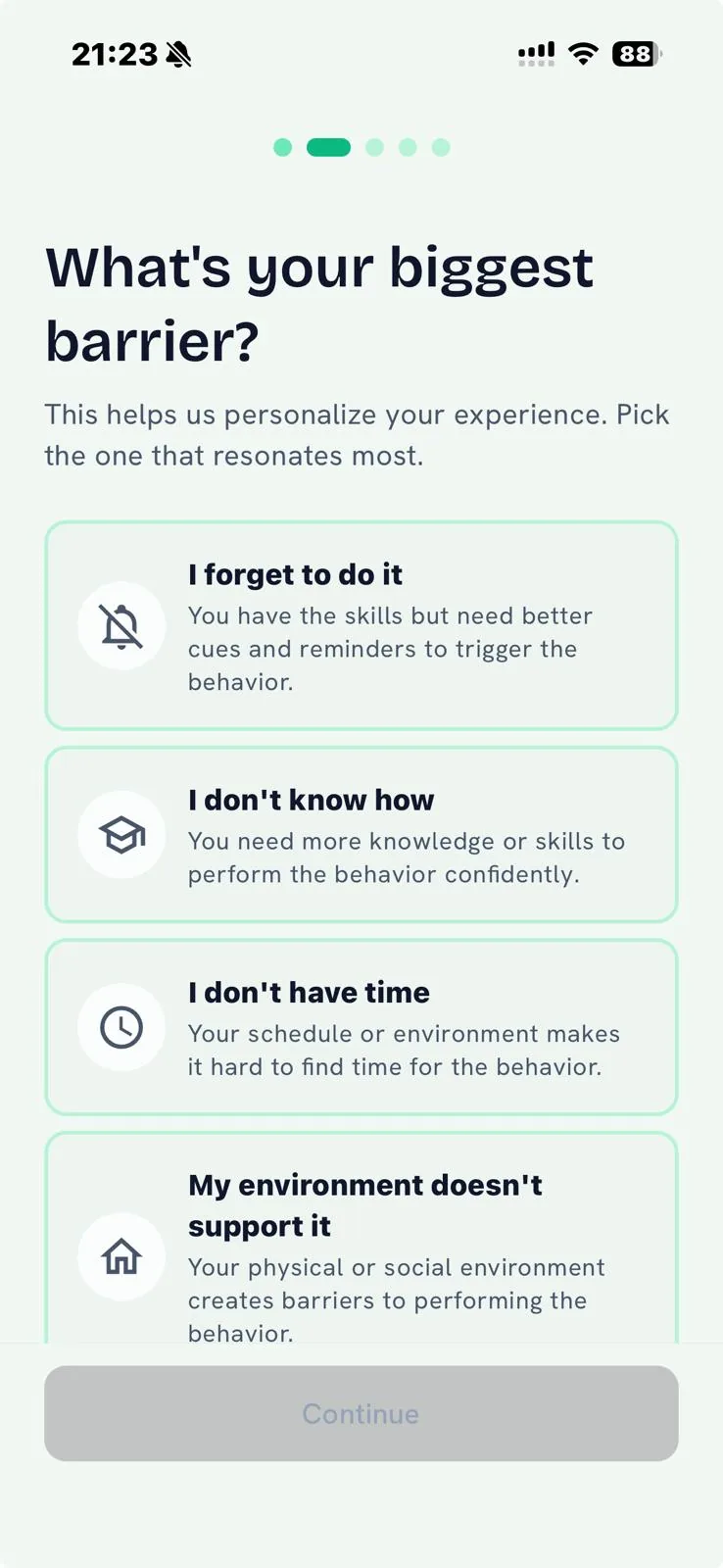 Onboarding COM-B diagnostic asking &lsquo;What&rsquo;s your biggest barrier?&rsquo;, with selectable cards: I forget to do it, I don&rsquo;t know how, I don&rsquo;t have time, and My environment doesn&rsquo;t support it