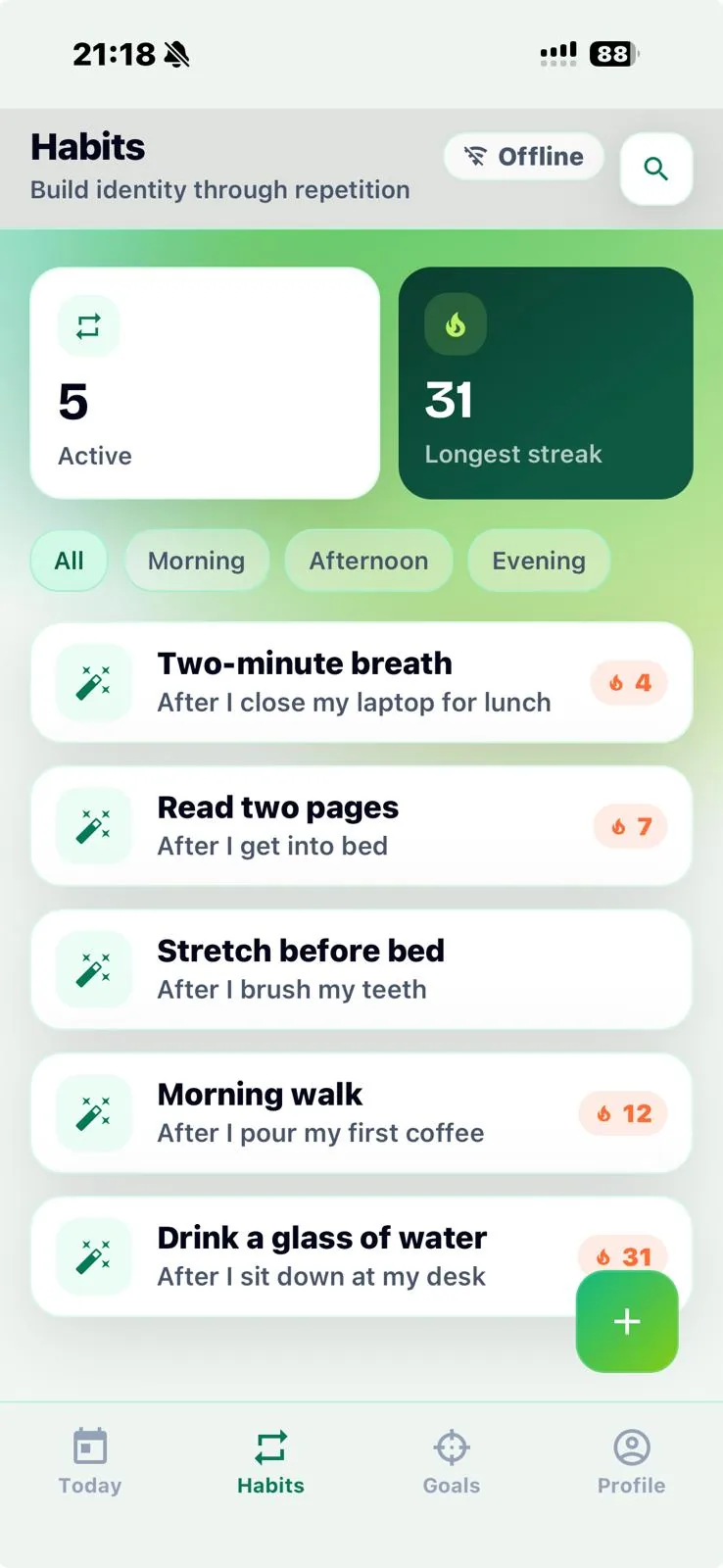 Habits screen with the offline indicator active: habits, streaks and check-ins all still work with no connection