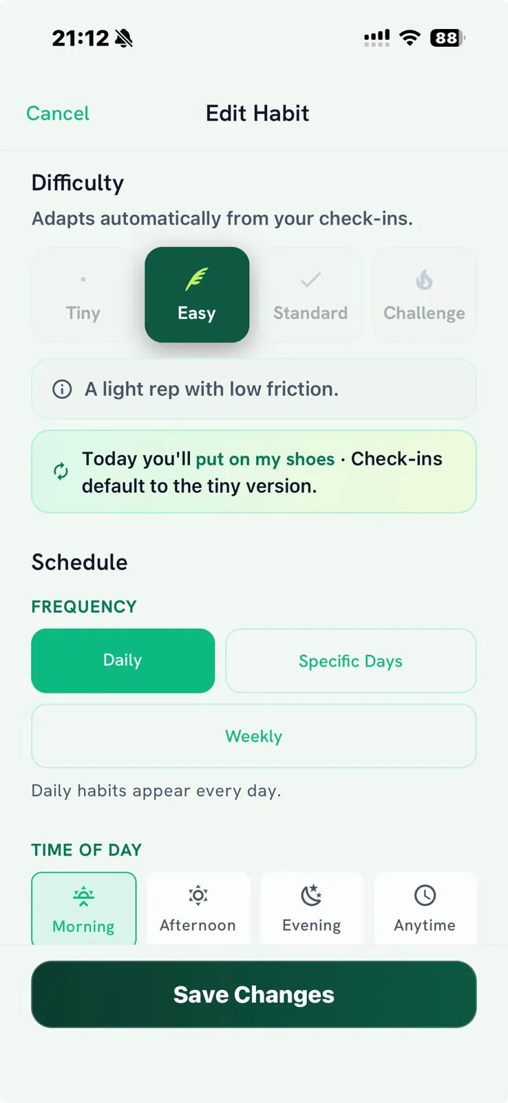 The four difficulty levels &mdash; Tiny, Easy, Standard, Challenge &mdash; with the habit&rsquo;s current level highlighted and a note that it adapts from your check-ins