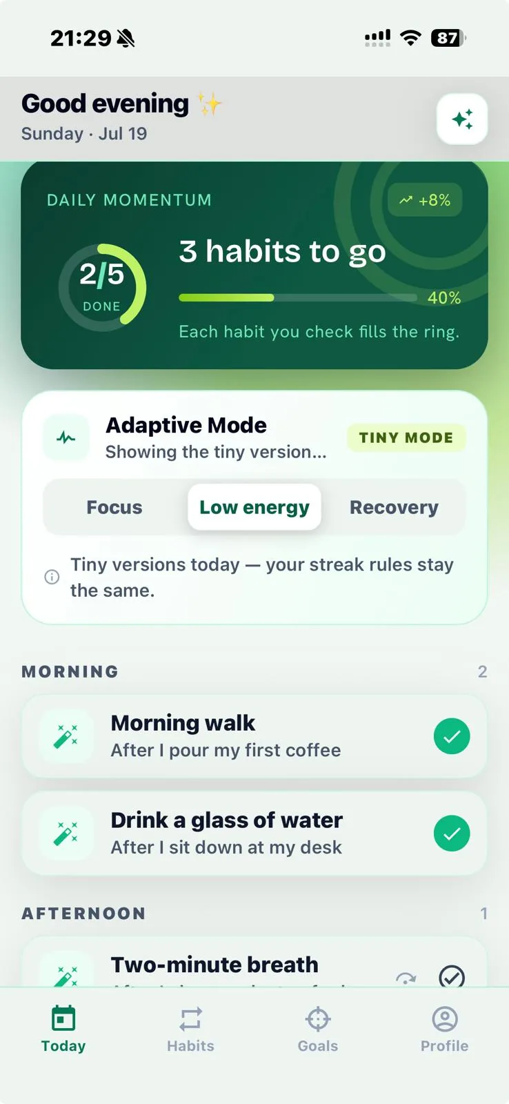 Adaptive Mode segmented control with three states (Focus, Low energy, Recovery) and the app suggesting the right one for the day
