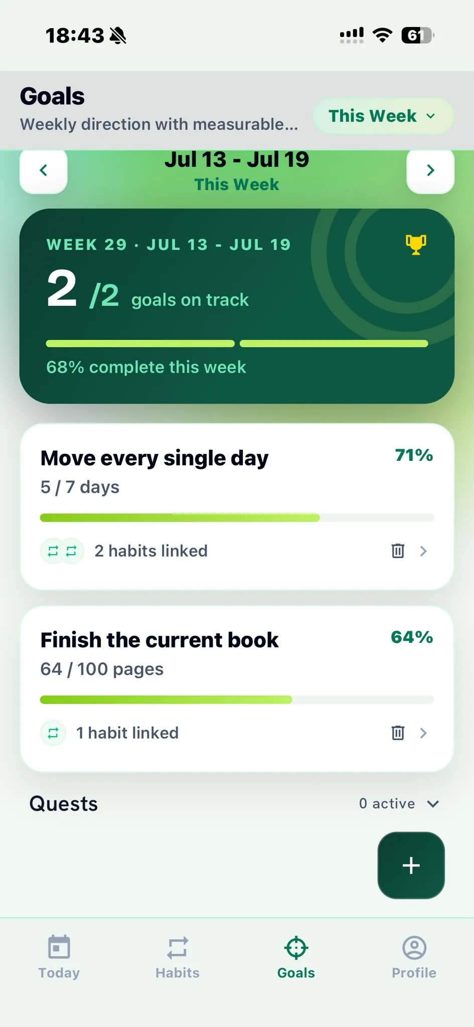 Weekly goal screen showing a goal linked to habits with progress bar and identity badge